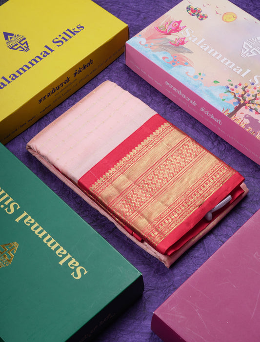 Beautiful Dark Peach Pure Kanjivaram Silk Saree With Contrast Chilly Red Traditional Border