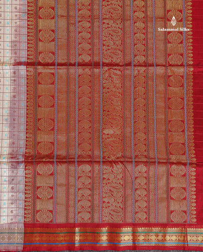 Pure Silk Cotton Saree - Half White Colour Body Checks With Butta & Traditional Small Border