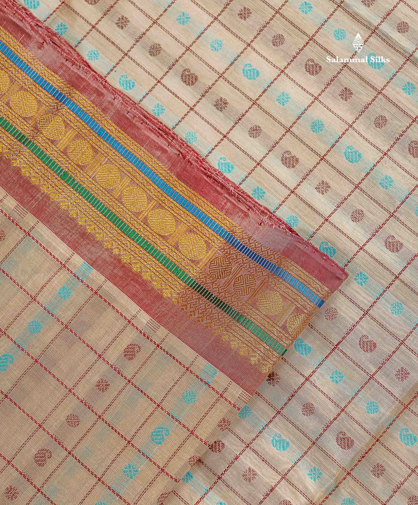 Pure Silk Cotton Saree - Half White Colour Body Checks With Butta & Traditional Small Border
