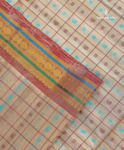 Pure Silk Cotton Saree - Half White Colour Body Checks With Butta & Traditional Small Border