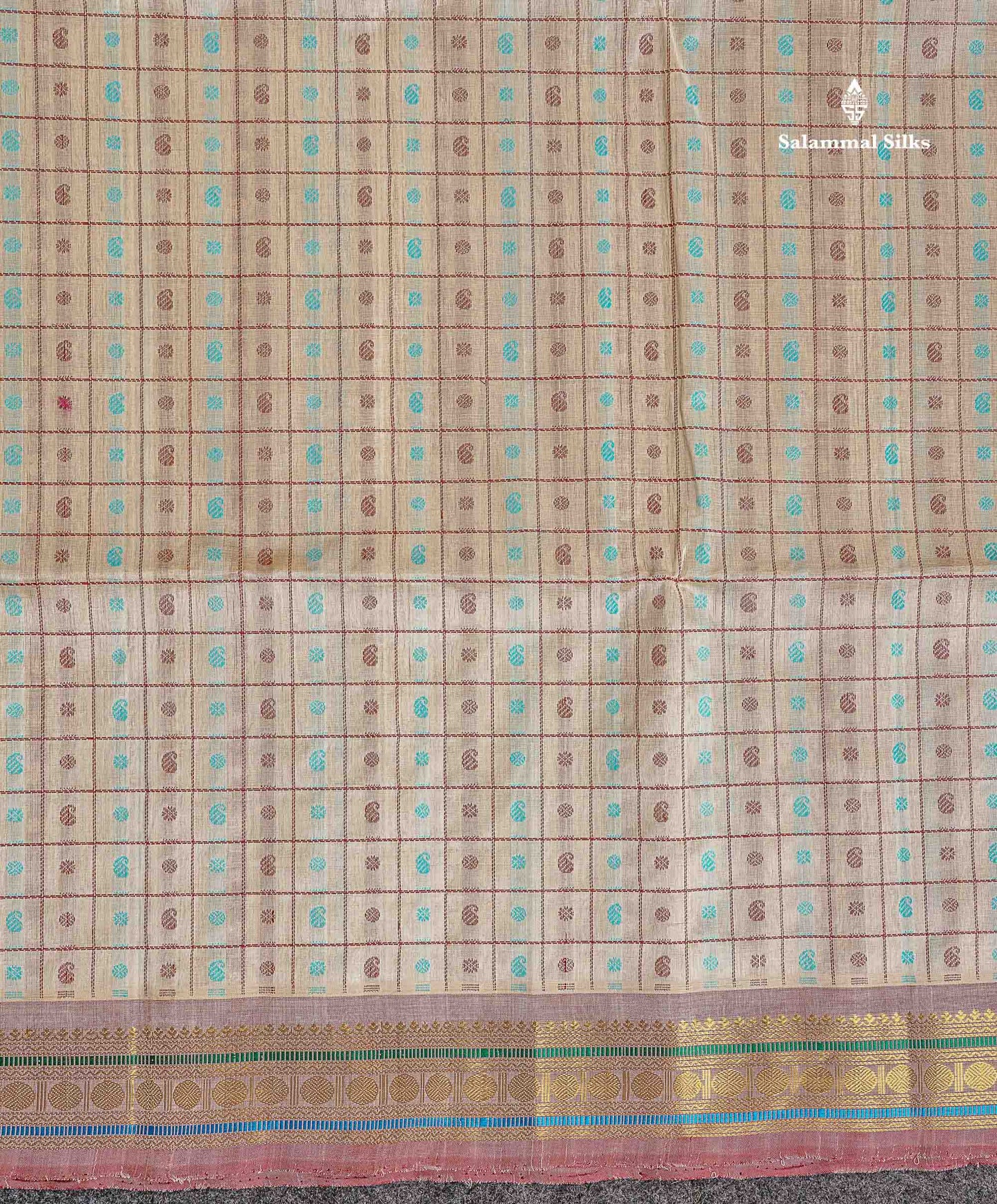 Pure Silk Cotton Saree - Half White Colour Body Checks With Butta & Traditional Small Border