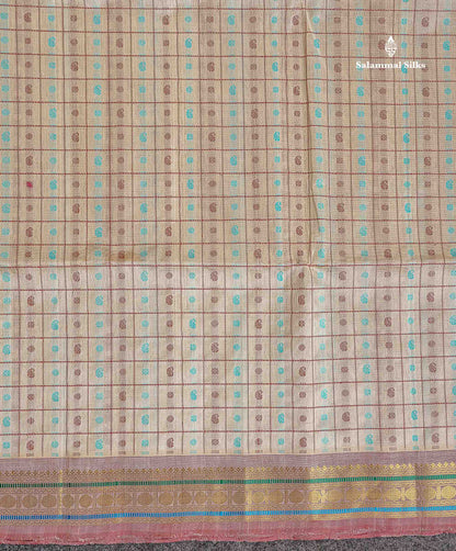 Pure Silk Cotton Saree - Half White Colour Body Checks With Butta & Traditional Small Border