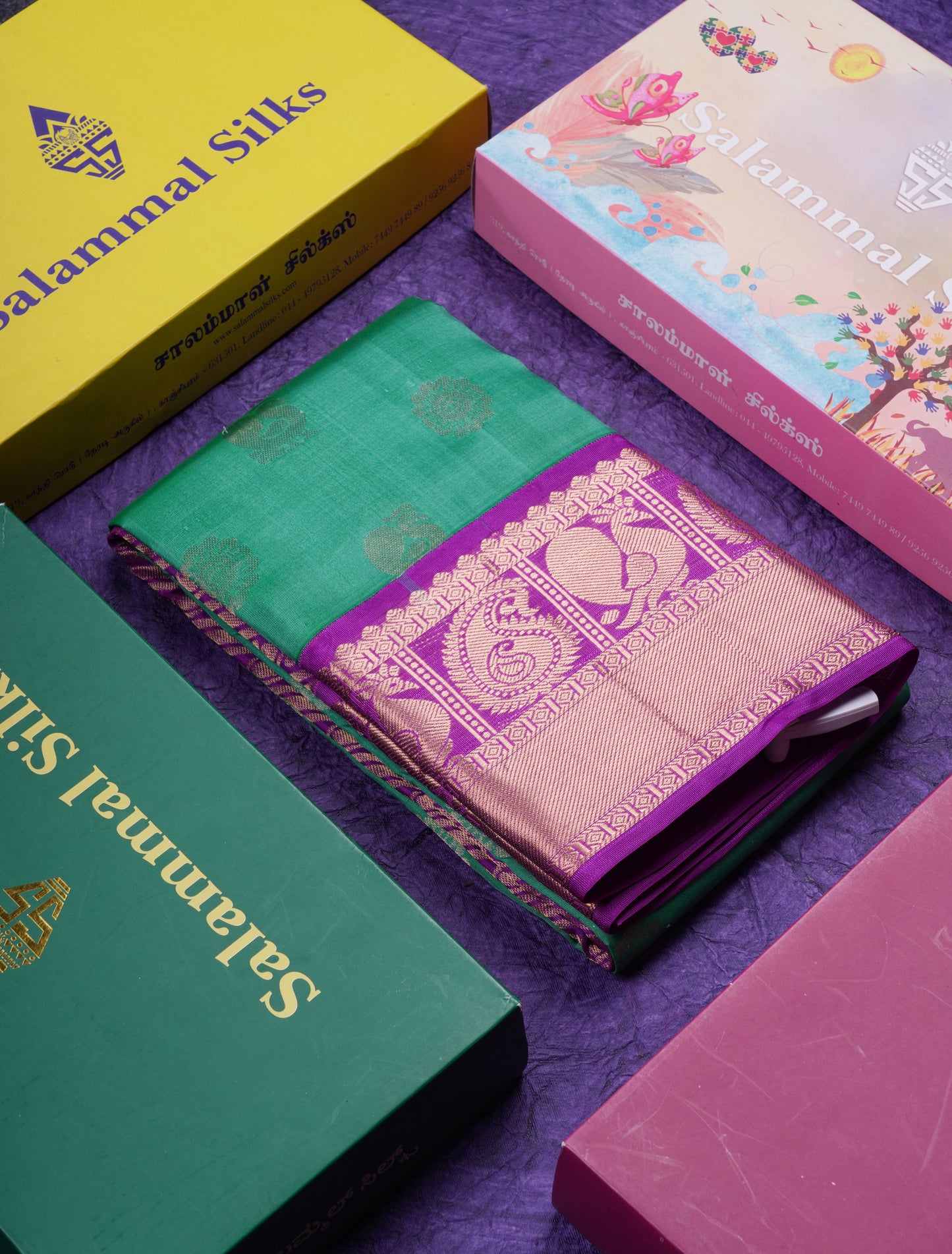 Beautiful Saffire Green Pure Kanjivaram Silk Saree With Contrast Dark Purple Traditional Border