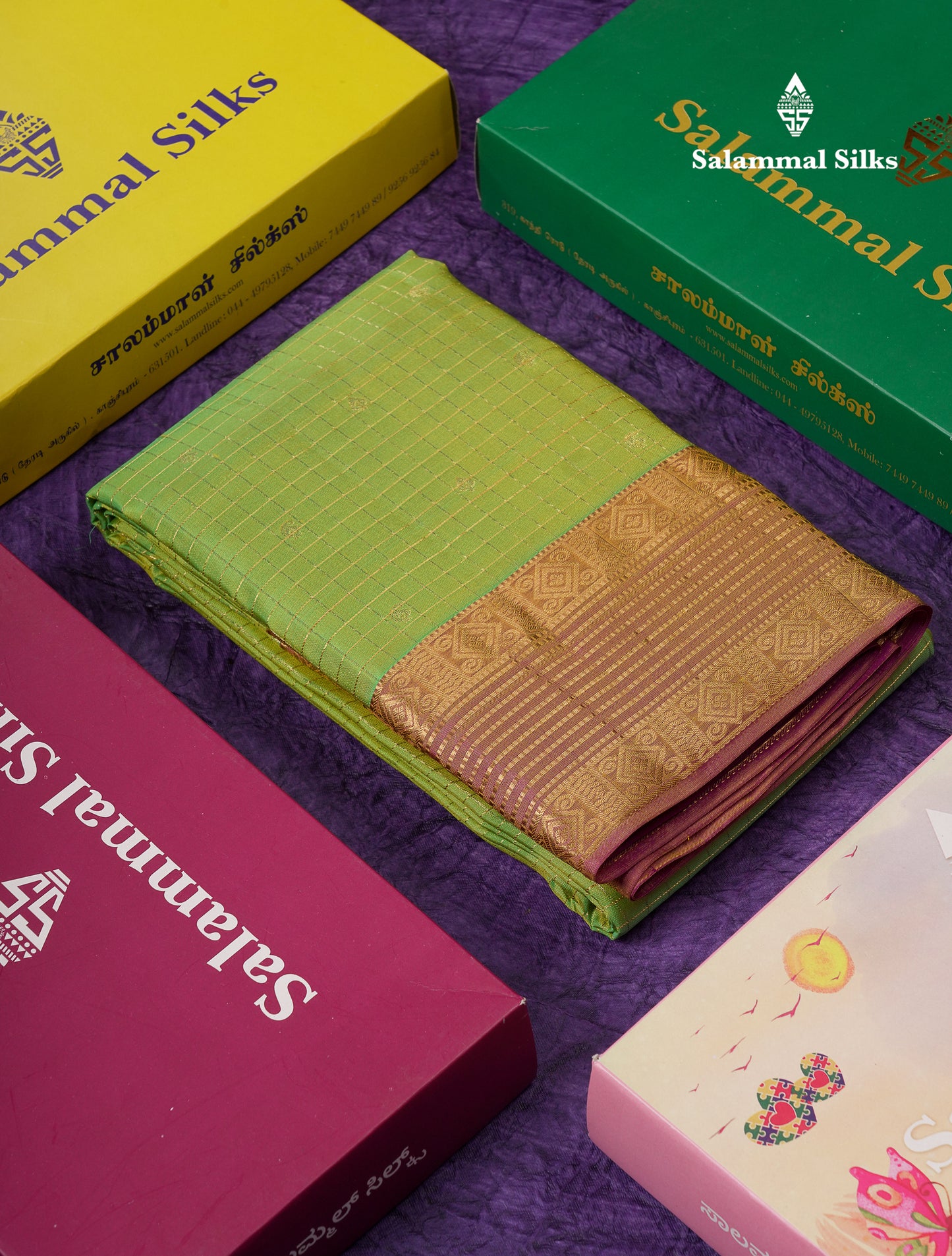 Beautiful Parrot Green Traditional Checks And Buttas Pure Kanjivaram Silk Saree With Contrast Violet Border