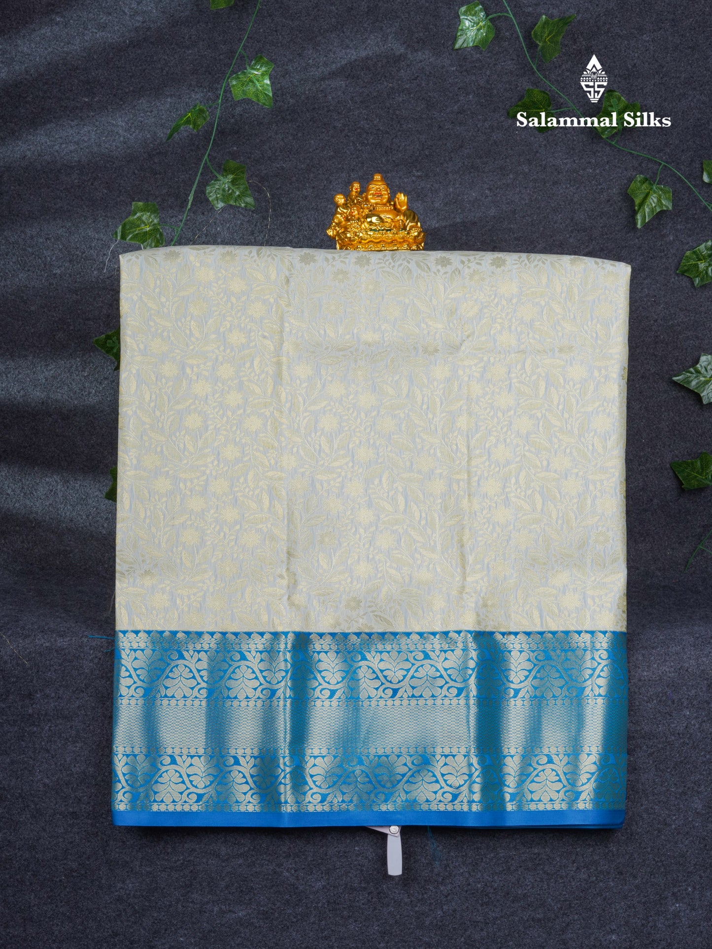 Semi Silk Pattu Pavadai ( White ) With Contrast Sky Blue Blouse 37"