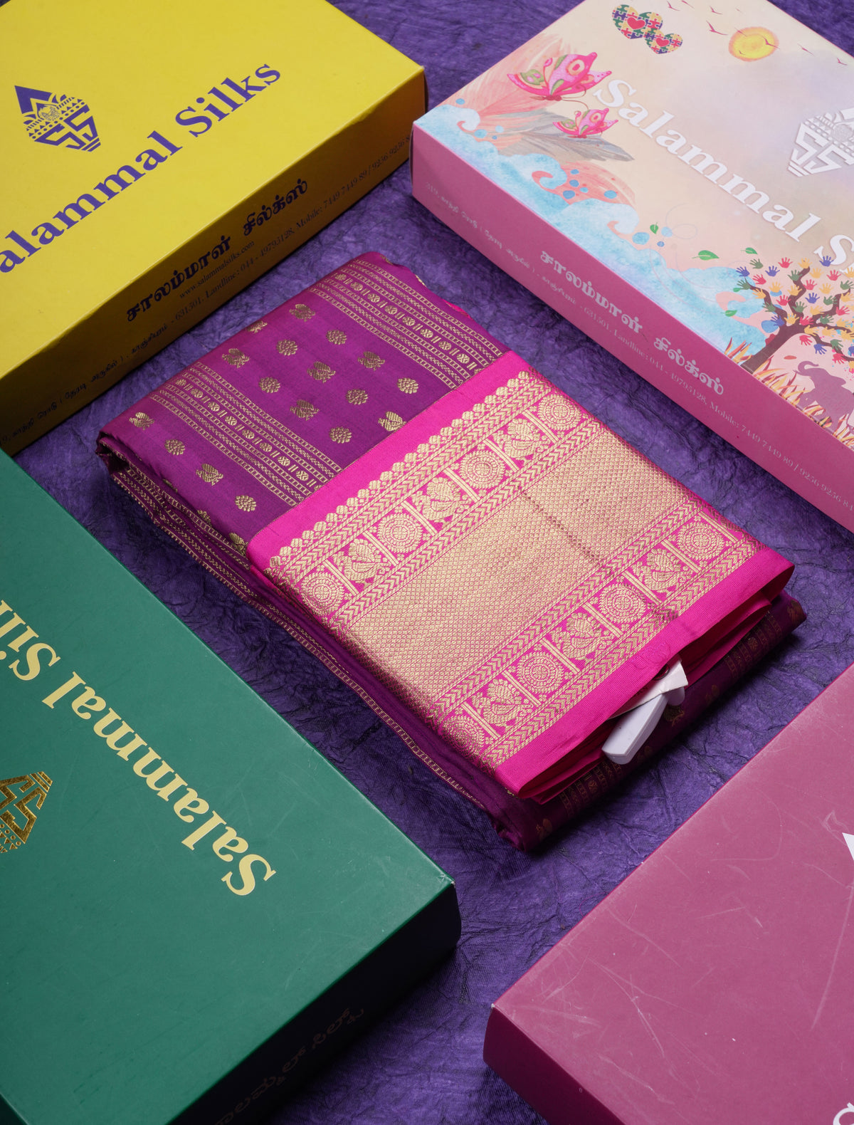 Beautiful Magenta Pure Kanjivaram Silk Saree With Contrast Magenta Pink Traditional Border