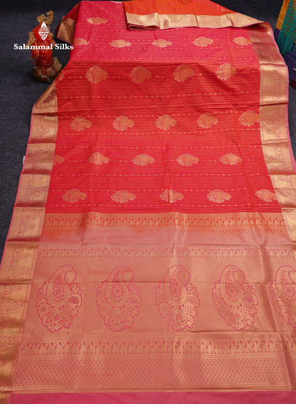 Beautiful Dual Tone Onion Pink Vertical Zari Line With Butta Semi Silk Saree With Contrast Light Blue Blouse