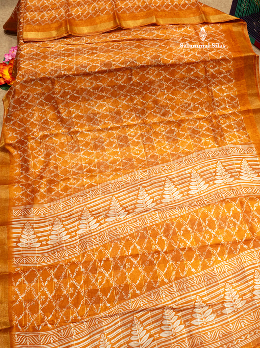 Peach Orange Colour Printed Cotton Mix Saree With Tissue Border