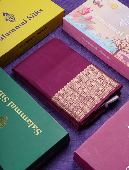 Beautiful Dark Magenta Plain Pure Kanjivaram Silk Saree With Traditional Border