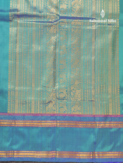 Dual Tone Sapphire Green Pure Kanjivaram Silk Saree With Contrast Dual Tone Blue Rettapet Double Border