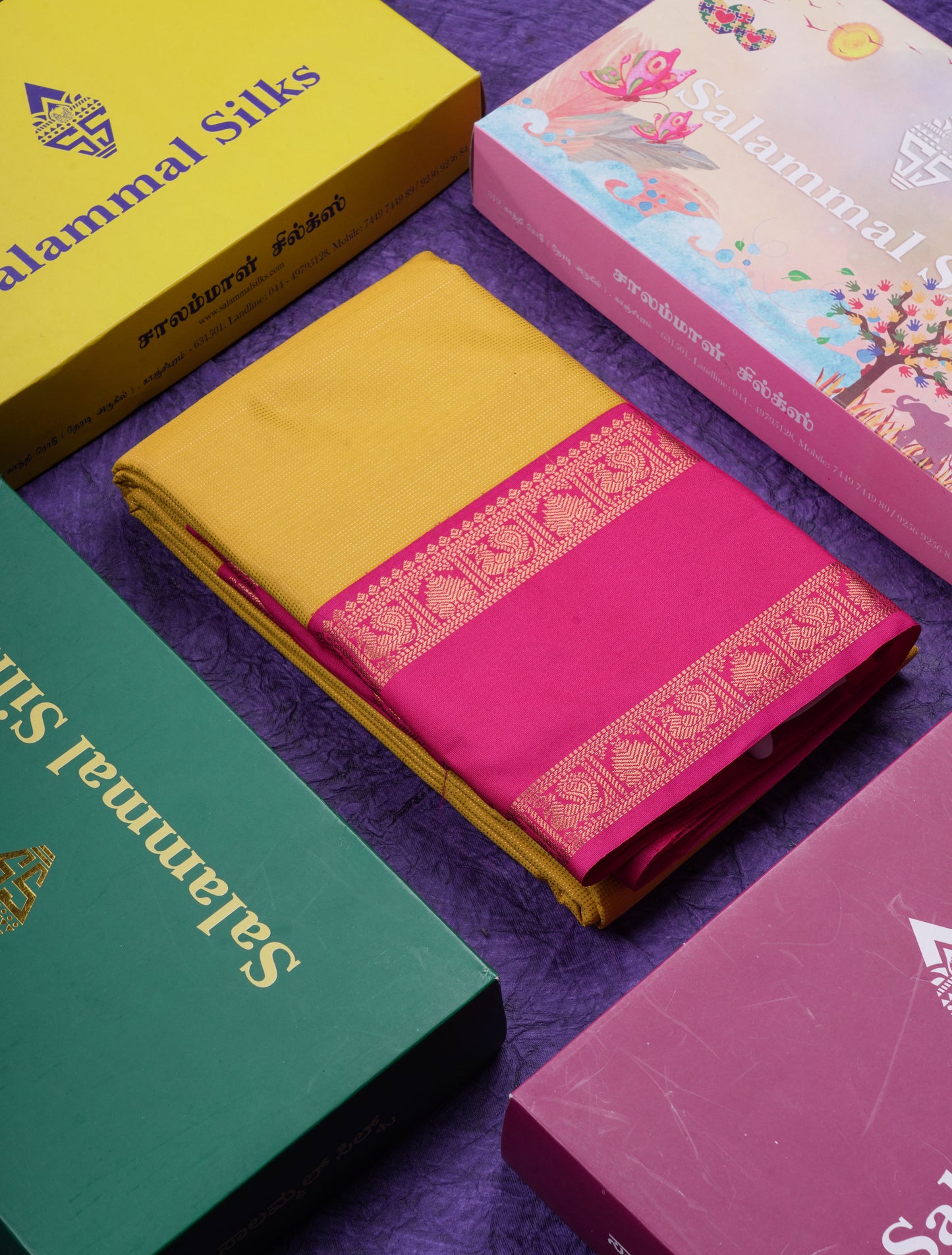 Beautiful Yellow Semi Silk Saree With Contrast Pink Traditional Rettapet Border