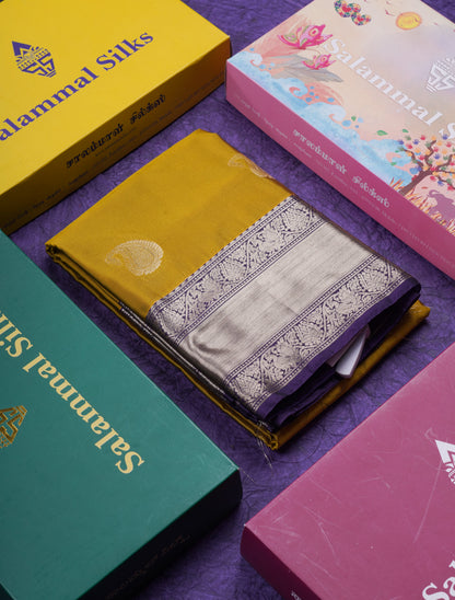 Beautiful Olive Mustard Yellow Semi Silk Saree With Contrast Violet Traditional Border