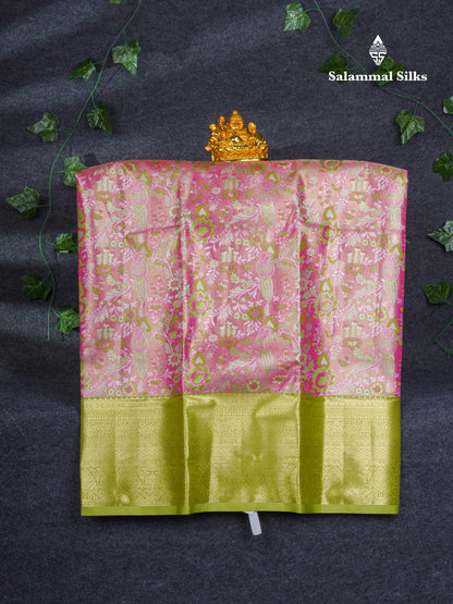 Semi Silk Pattu Pavadai Tissue ( Light Pink ) With Contrast Parrot Green Blouse 36"