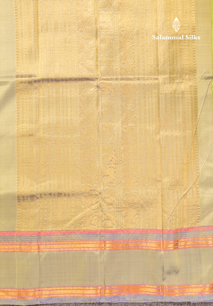 Dual Tone Sapphire Green Pure Kanjivaram Silk Saree With Contrast Dual Tone Blue Rettapet Double Border