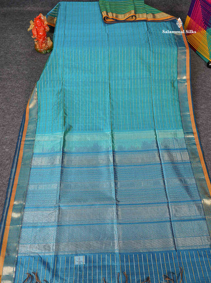 Pure Silk Cotton Saree - Dual Tone Sapphire Blue Colour Body Thread Work With Traditional Border
