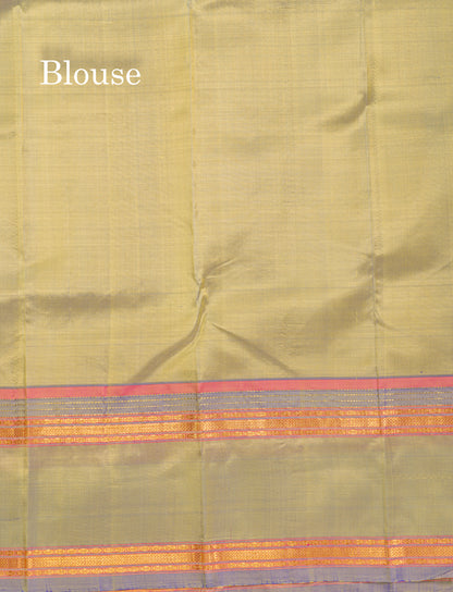Dual Tone Sapphire Green Pure Kanjivaram Silk Saree With Contrast Dual Tone Blue Rettapet Double Border