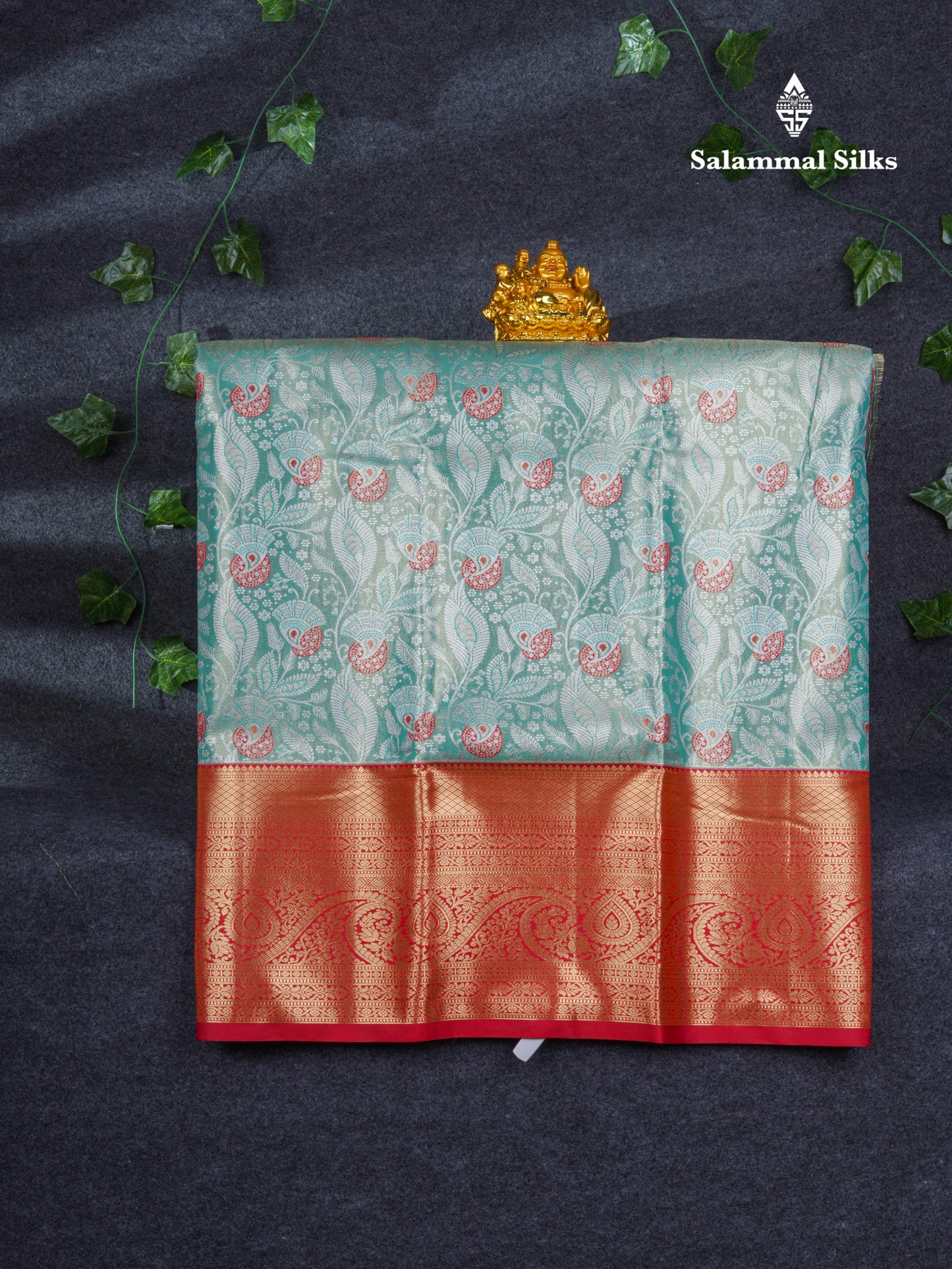 Semi Silk Pattu Pavadai Tissue ( Pastel Blue ) With Contrast Chilly Red Blouse 37"