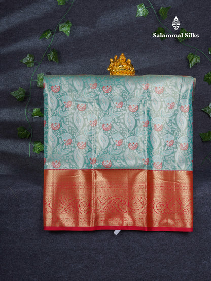 Semi Silk Pattu Pavadai Tissue ( Pastel Blue ) With Contrast Chilly Red Blouse 37"