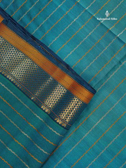 Pure Silk Cotton Saree - Dual Tone Sapphire Blue Colour Body Thread Work With Traditional Border
