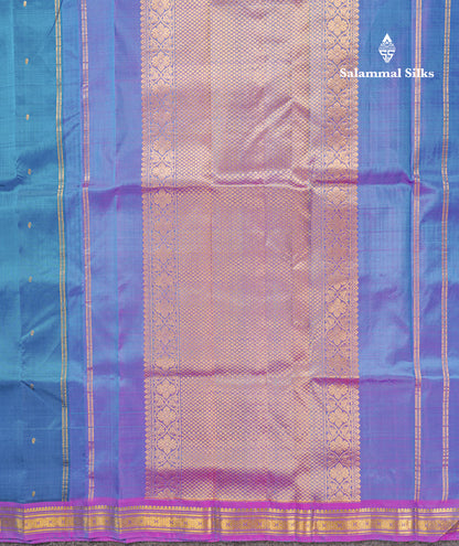 Dual Tone Peacock Blue Pure Kanjivaram Silk Saree With Contrast Vadamalli Small Border