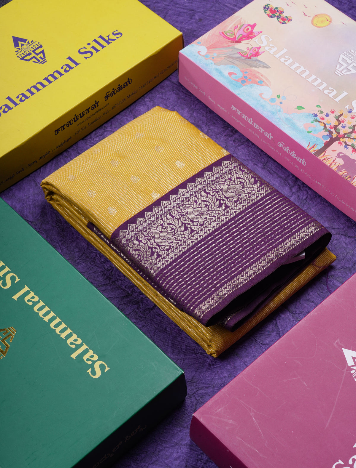 Beautiful Mustard Yellow Semi Silk Saree With Contrast Dark Violet Traditional Border