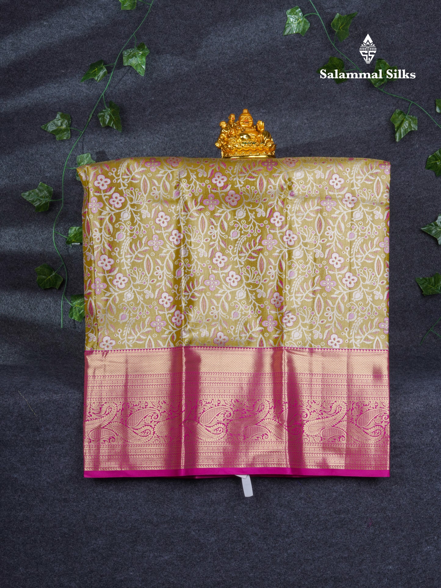 Semi Silk Pattu Pavadai Tissue ( Olive Mustard Yellow ) With Contrast Pink Blouse 37"