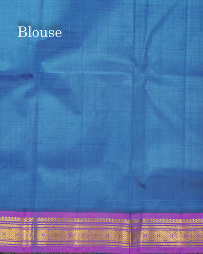 Dual Tone Peacock Blue Pure Kanjivaram Silk Saree With Contrast Vadamalli Small Border