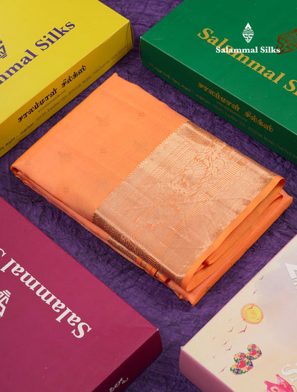 Beautiful Peach Pure Kanjivaram Silk Saree With Traditional Evening Morning Border