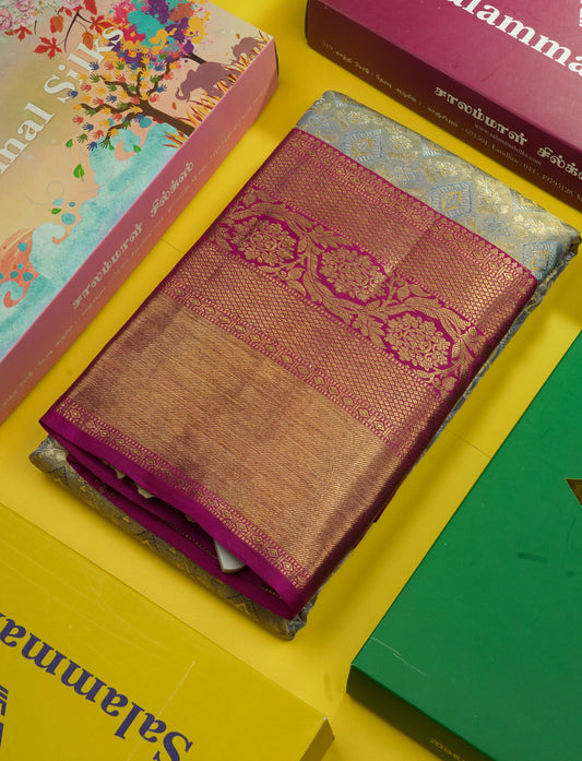 Beautiful Blue Shade Tissue Bridal Pure Kanjivaram Silk Saree With Contrast Magenta Long Border