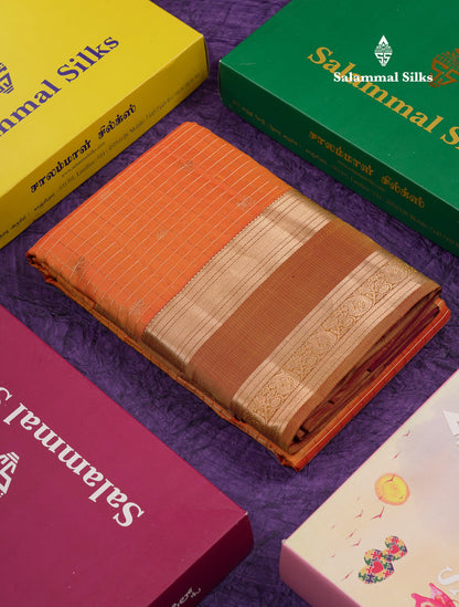 Beautiful Orange Checks And Buttas Pure Kanjivaram Silk Saree With Contrast Mustard Yellow Traditional Double Border