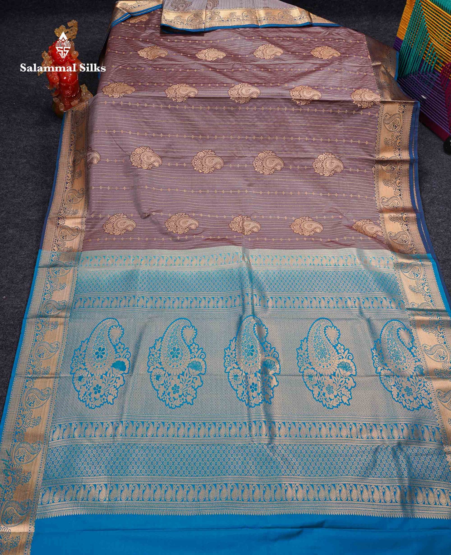 Beautiful Dual Tone Onion Pink Vertical Zari Line With Butta Semi Silk Saree With Contrast Light Blue Blouse