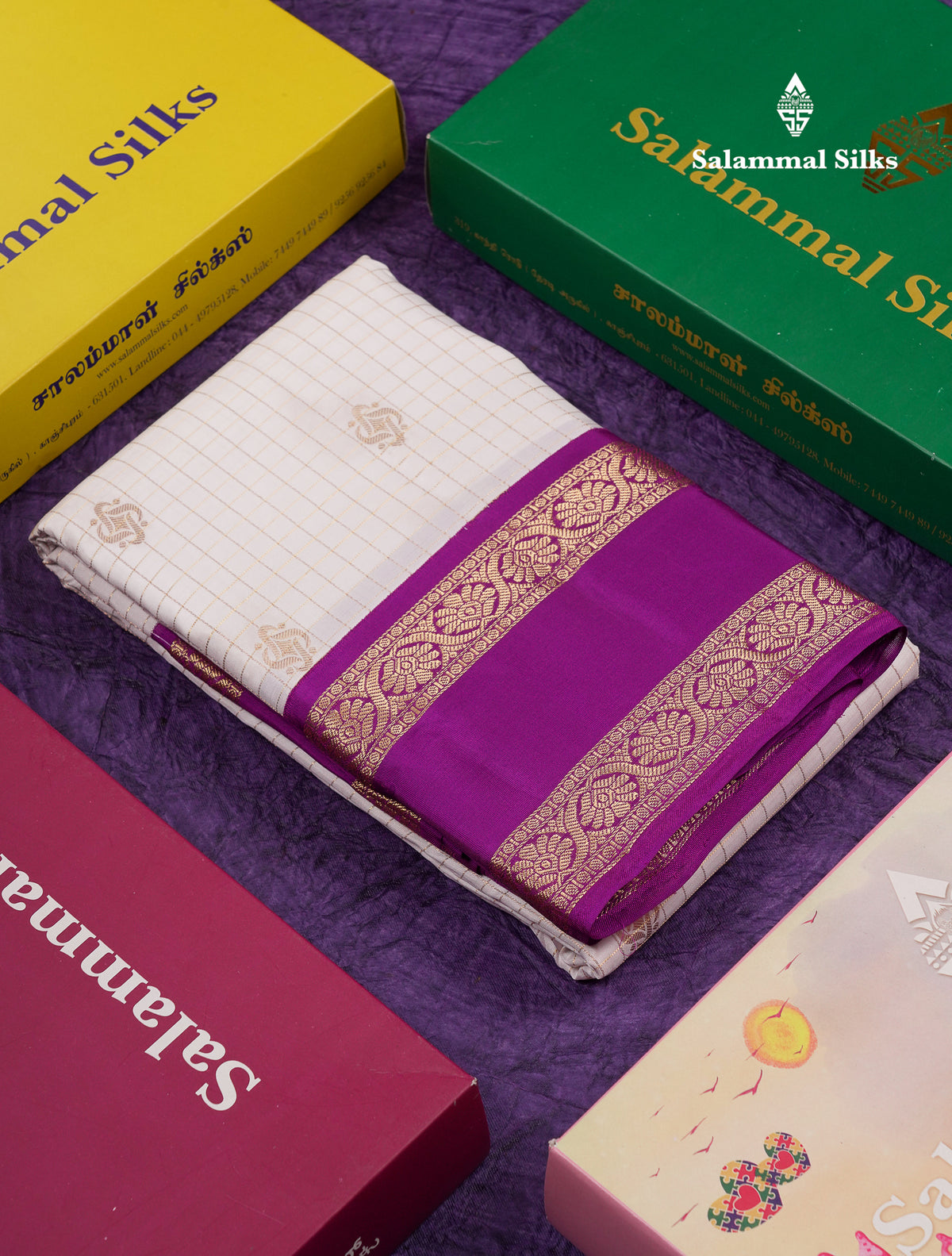 Beautiful Half White Traditional Checks And Buttas Pure Kanjivaram Silk Saree With Contrast Violet Border