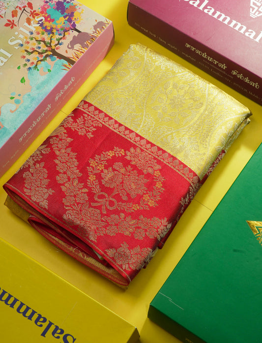 Beautiful Gold Tissue Bridal Pure Kanjivaram Silk Saree With Contrast Chilly Red Border