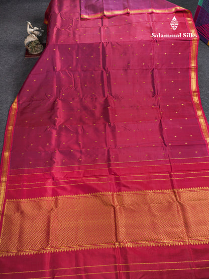 Dual Tone Maroon Pure Kanjivaram Silk Saree With Contrast Reddish Maroon Small Border