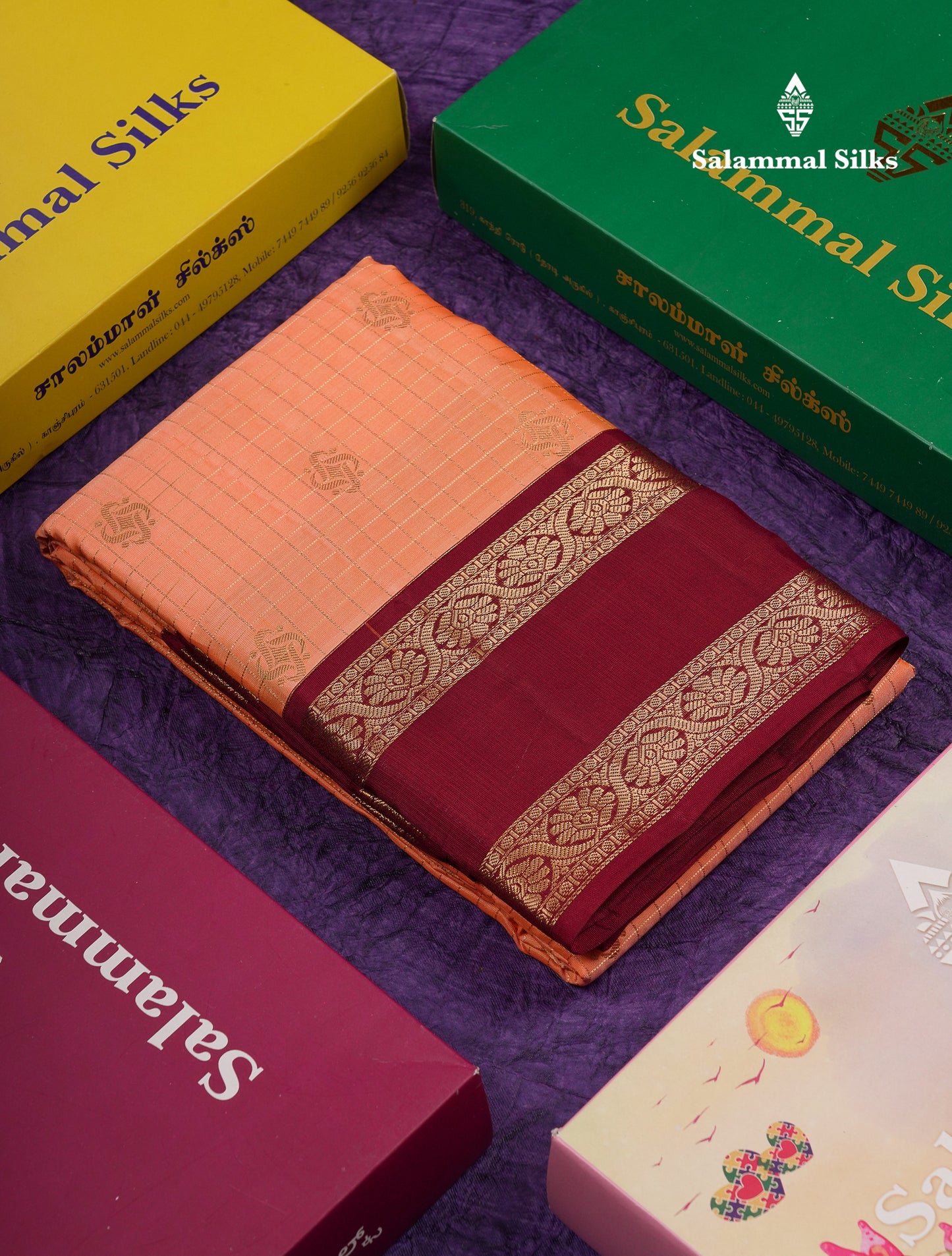Beautiful Half White Traditional Checks And Buttas Pure Kanjivaram Silk Saree With Contrast Violet Border