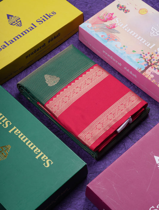 Beautiful Bottle Green Alai Vaira Oosi Semi Silk Saree With Contrast Reddish Maroon Traditional Rettapet Border