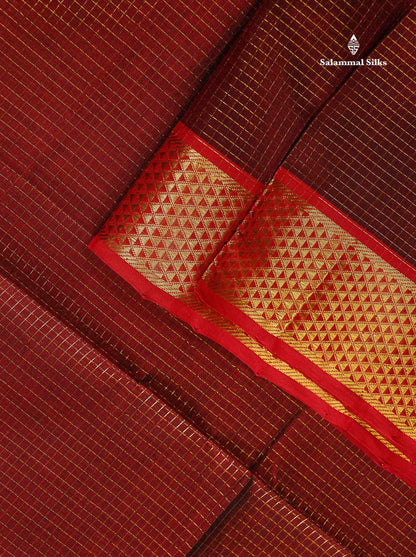 Pure Silk Cotton Saree - Maroon Colour Body Small Zari Checks With Contrast Red Border