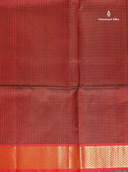 Pure Silk Cotton Saree - Maroon Colour Body Small Zari Checks With Contrast Red Border