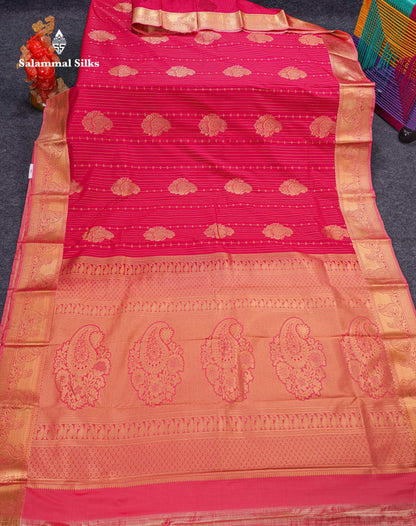 Beautiful Dual Tone Onion Pink Vertical Zari Line With Butta Semi Silk Saree With Contrast Light Blue Blouse