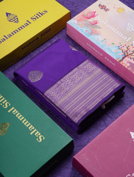 Beautiful Dark Purple Semi Silk Saree With Contrast Reddish Pink Blouse