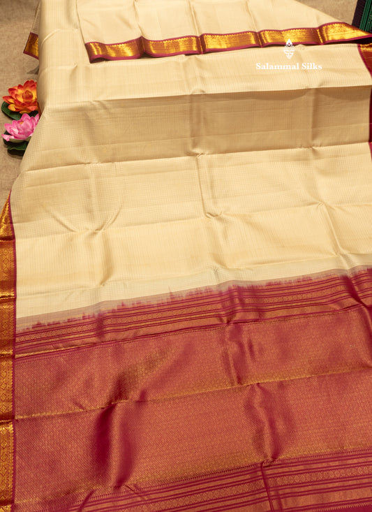 Cream Colour Small Checks Pure Kanjivaram Silk Saree with Traditional Border