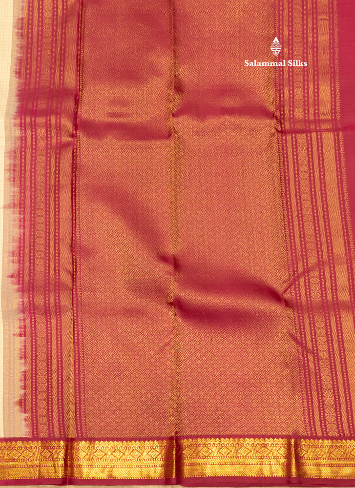 Cream Colour Small Checks Pure Kanjivaram Silk Saree with Traditional Border