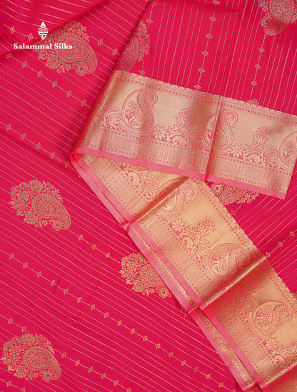 Beautiful Dual Tone Onion Pink Vertical Zari Line With Butta Semi Silk Saree With Contrast Light Blue Blouse