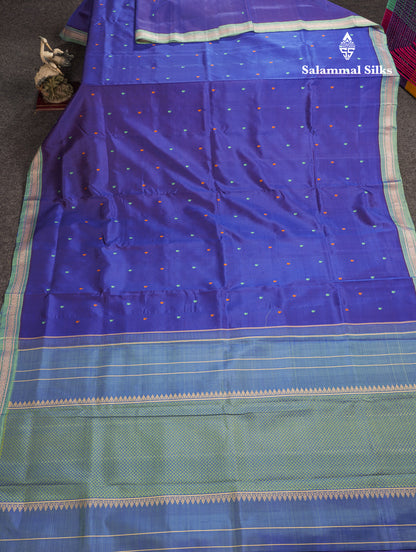 Dual Tone Royal Blue Meenakari Thread Work Butta Pure Kanjivaram Silk Saree With Contrast Moss Green Small Border
