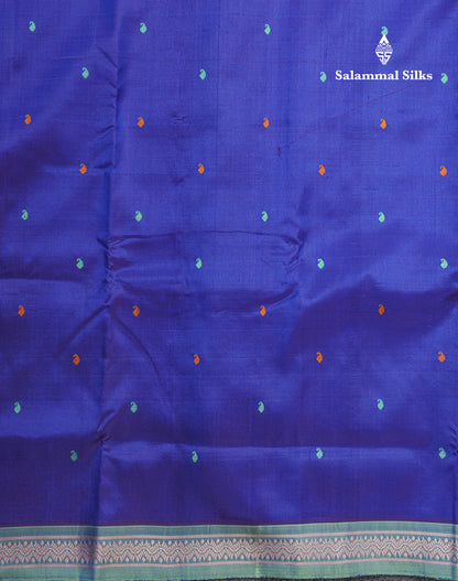 Dual Tone Royal Blue Meenakari Thread Work Butta Pure Kanjivaram Silk Saree With Contrast Moss Green Small Border