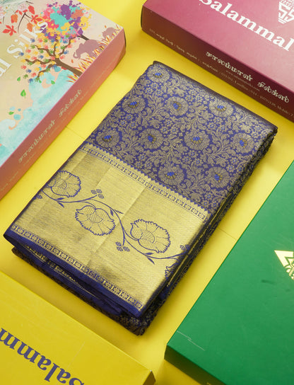 Beautiful Navy Blue Menakari Work Bridal Pure Kanjivaram Silk Saree With Self Border