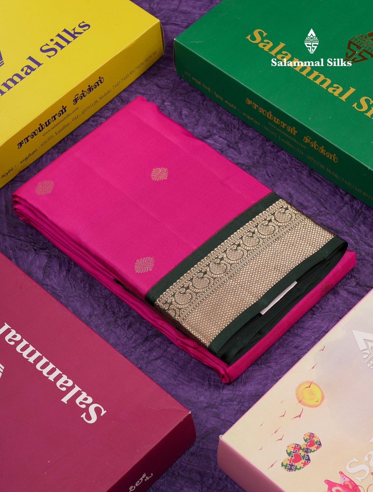 Beautiful Magenta Pink Pure Kanjivaram Silk Saree With Bottle Green Traditional Korvai Border