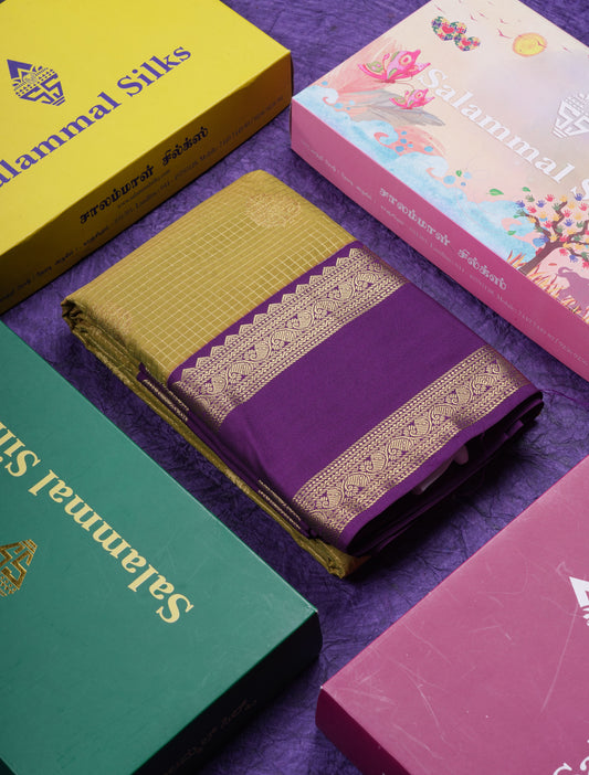 Beautiful Manthulir Yellow Checks Semi Silk Saree With Contrast Dark Purple Traditional Rettapet Border