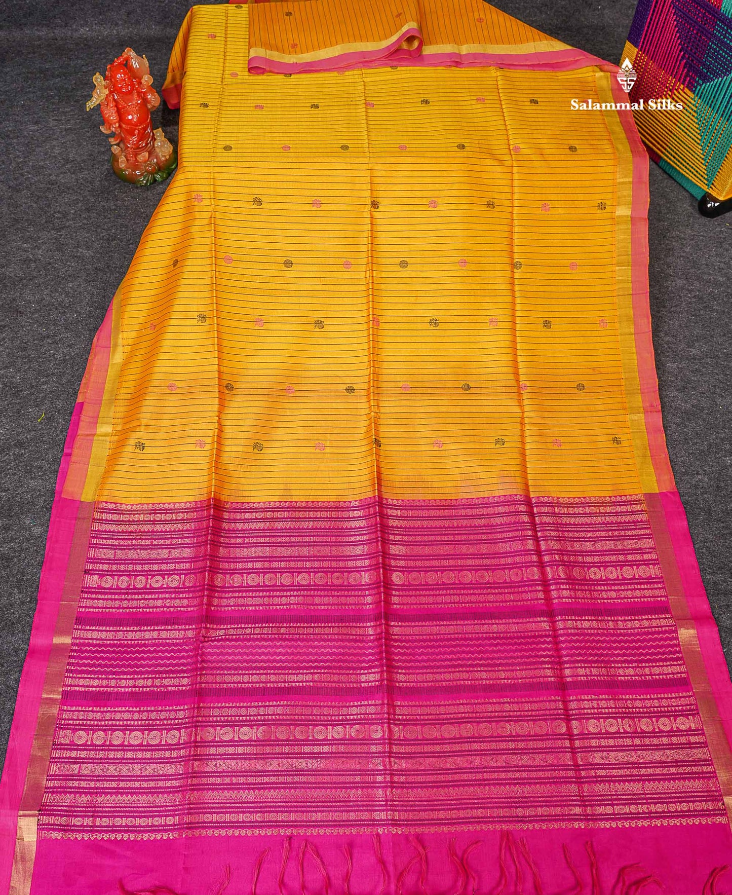 Pure Silk Cotton Saree - Yellow Colour Body Vertical Line With Thread Butta & Pink Blouse