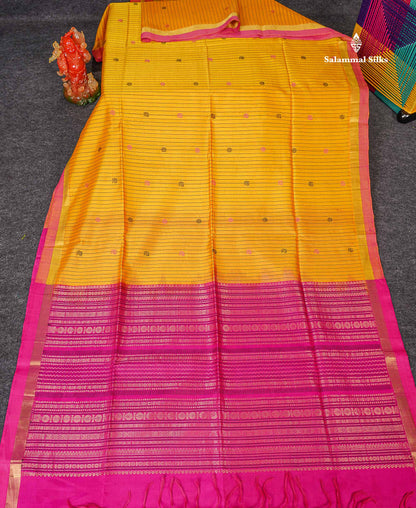 Pure Silk Cotton Saree - Yellow Colour Body Vertical Line With Thread Butta & Pink Blouse